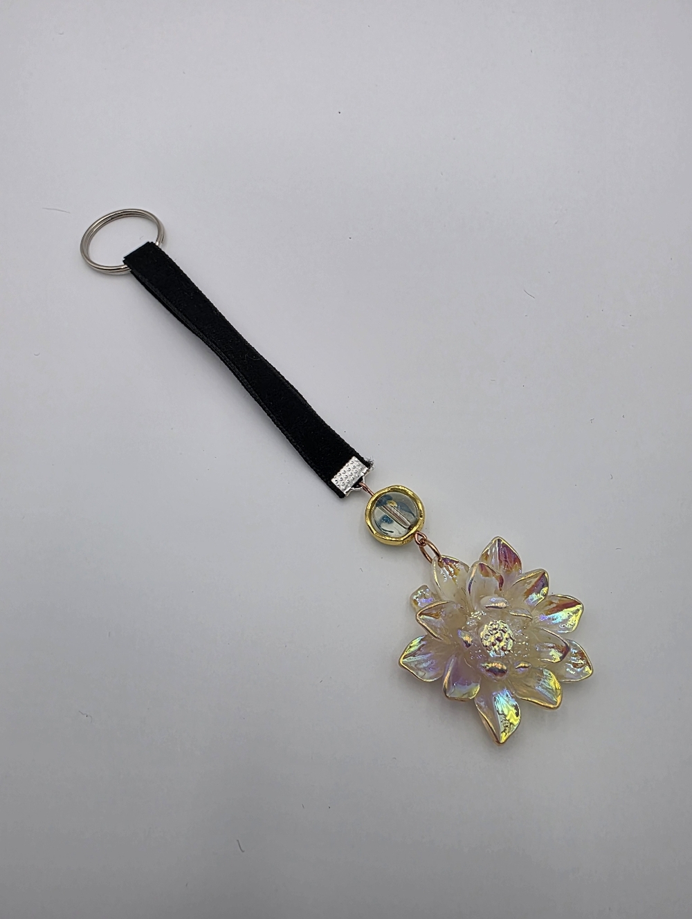 Iridescent Yellow Flower Keychain – Black Velvet Strap Bag Charm - Picture 3 of 5